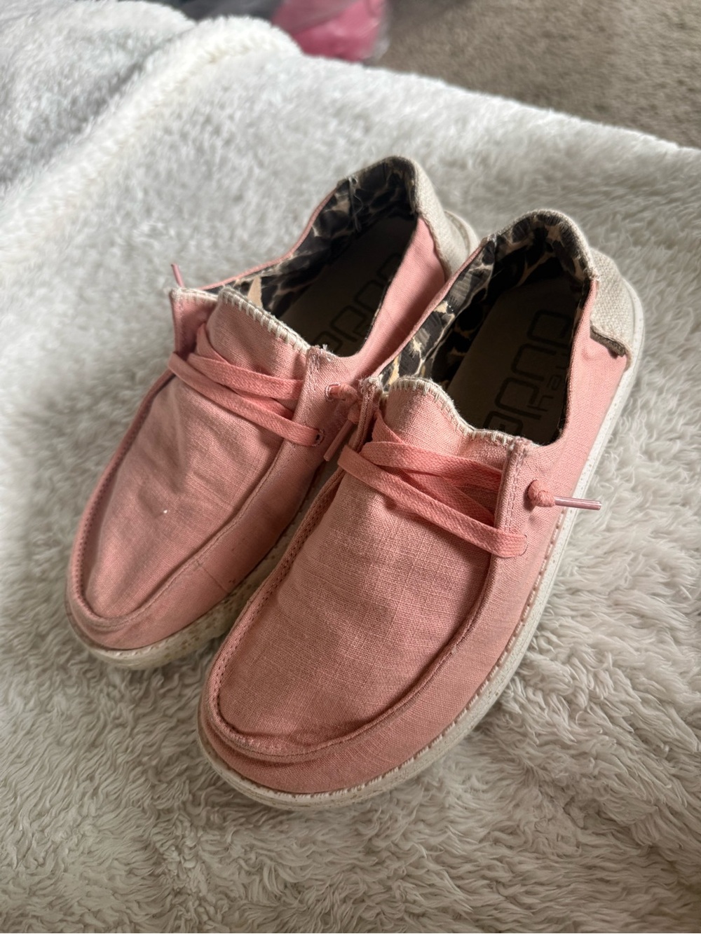 Hey Dude Blush Canvas Slip-Ons with Leopard Liner